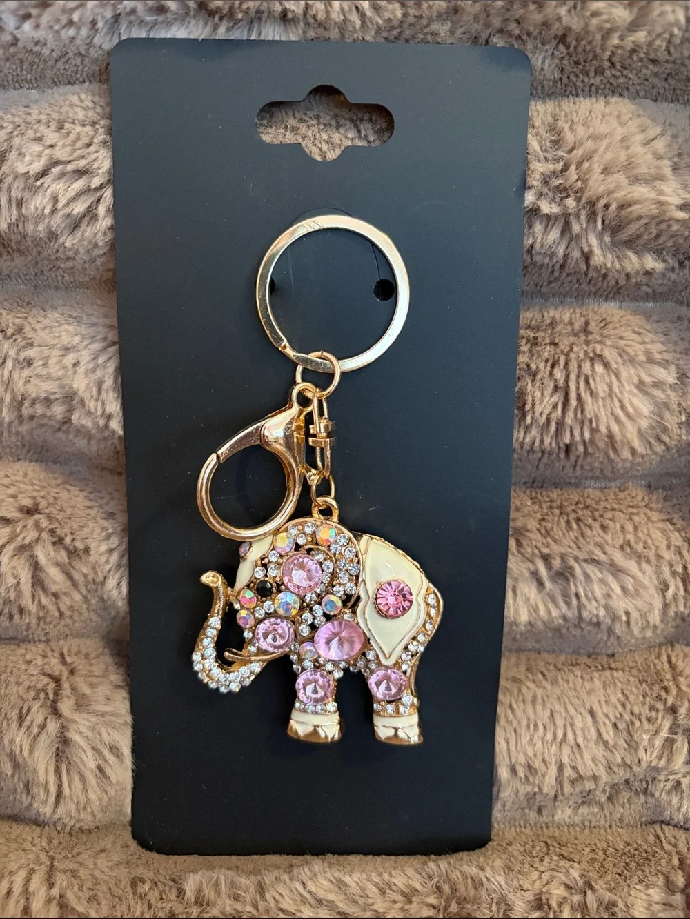 Gold Elephant Keychain with Pink Rhinestones